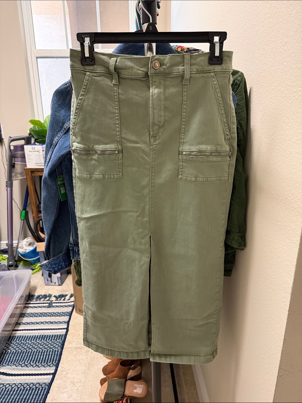 Olive Utility Midi Skirt with Front Slit